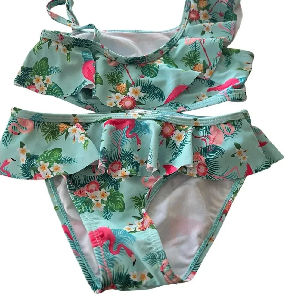 Girls 2 Piece Tropical Slant Shoulder Bathing Suit New 6-7 Years